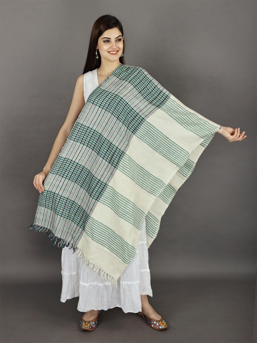 

Exotic India Snow White Handwoven Stole With Multi coloured Check Pattern, Off white