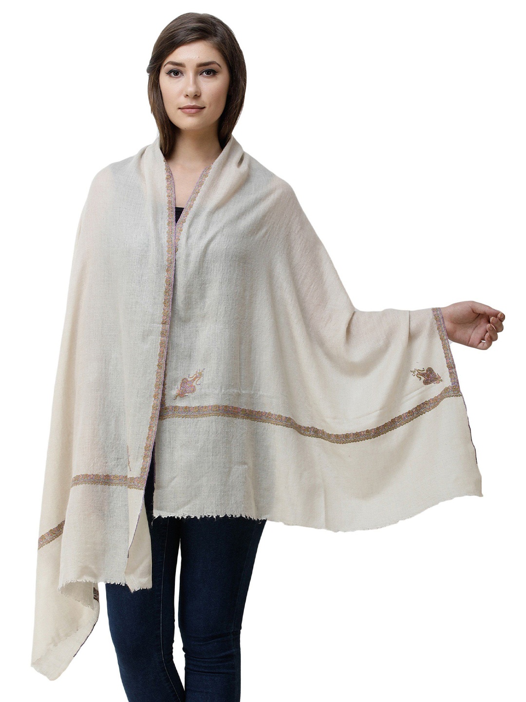 

Exotic India Snow White Cashmere Kashmiri Stole with Sozni Hand-Embroidery on Border, Off white