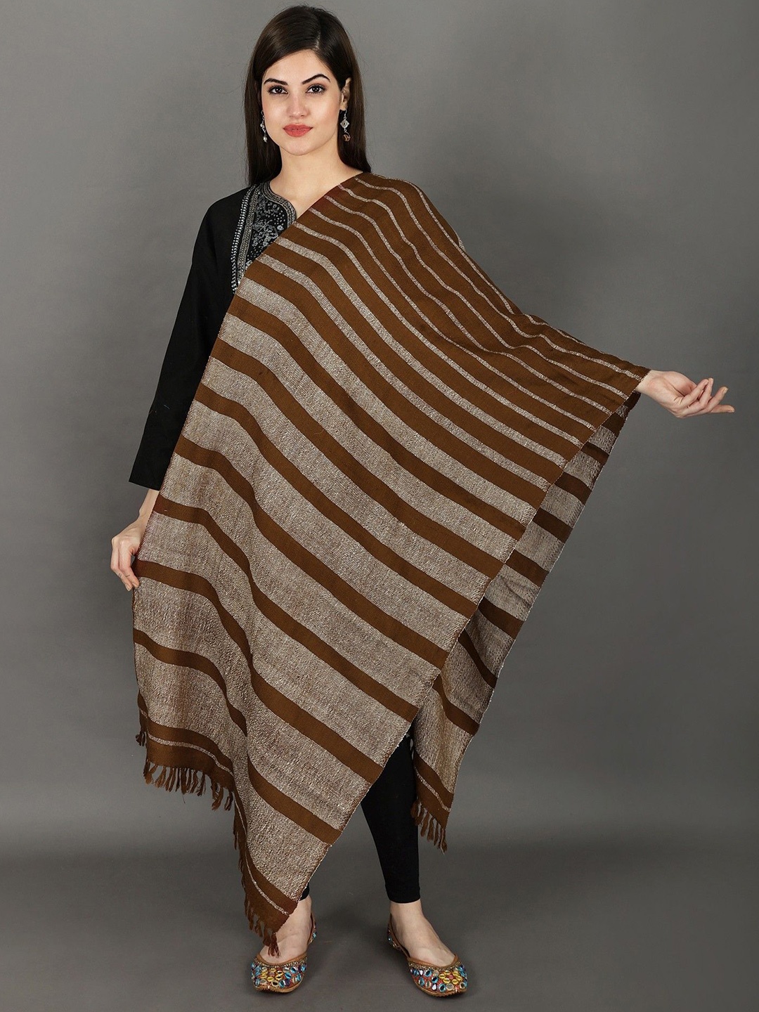 

Exotic India Monks Robe Handwoven Pure Wool Stole with Woven Stripes, Brown