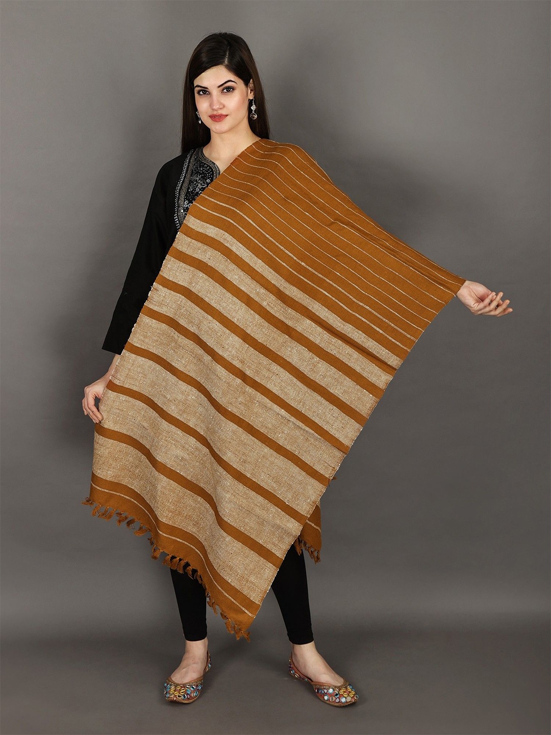 

Exotic India Sudan Brown Handwoven Pure Wool Stole with Woven Stripes