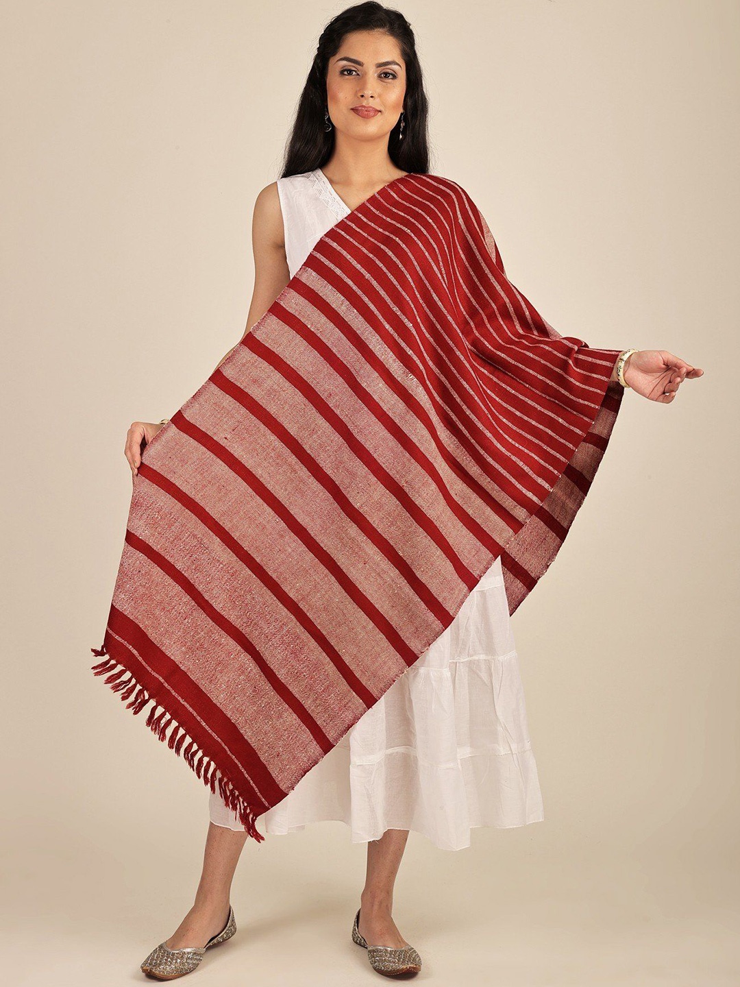 

Exotic India Striped Woven Design Pure Woollen Stole, Red