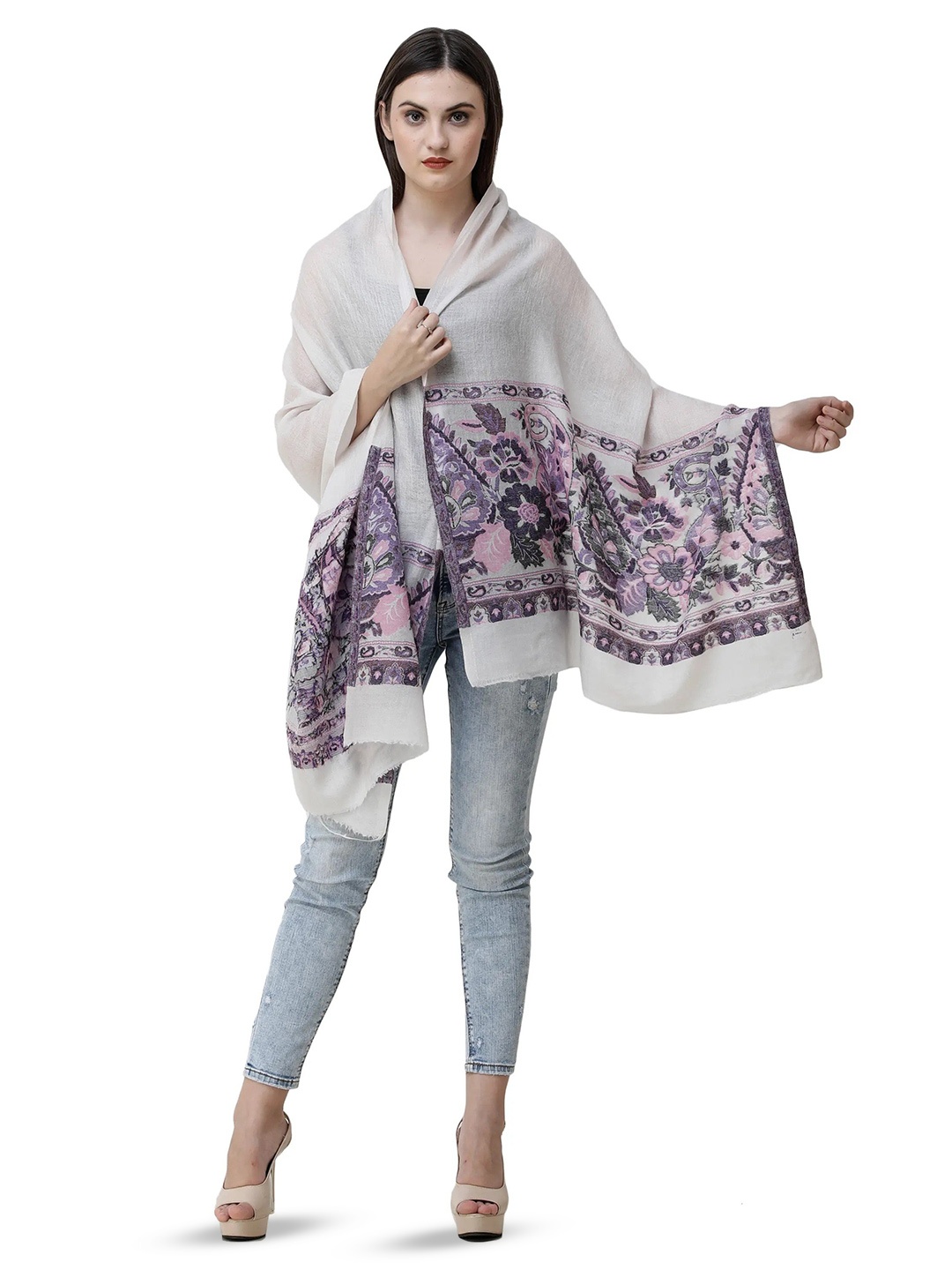 

Exotic India Brilliant-White Semi Cashmere Stole with Woven Border