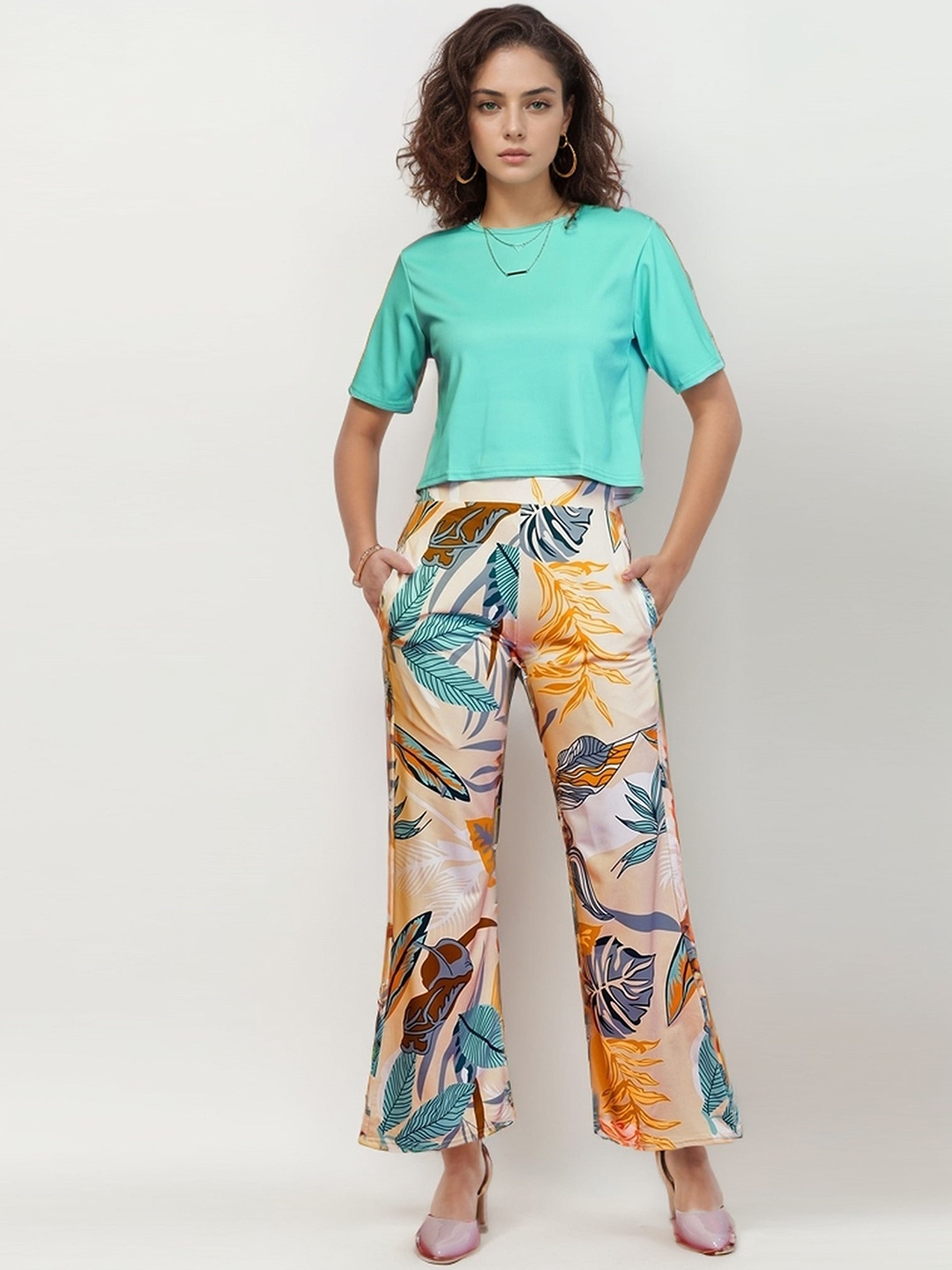 

DressBerry Round Neck T- Shirt With Tropical Printed Trousers, Turquoise blue