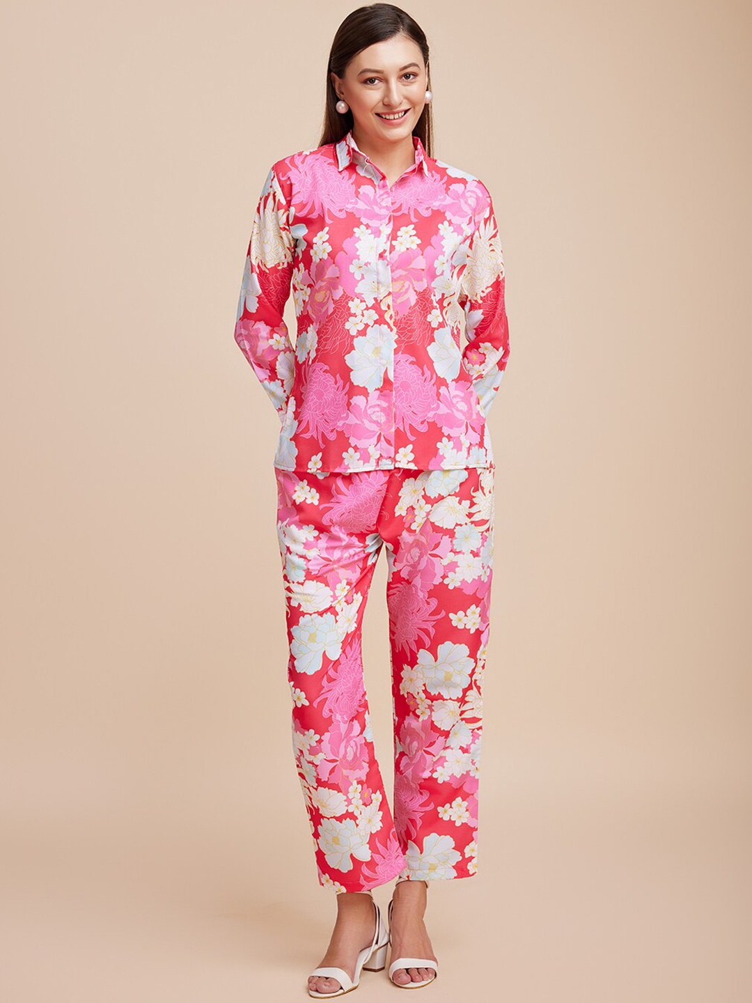 

Kandora Floral Printed Spread Collar Cuffed Sleeves Shirt With Trousers, Pink