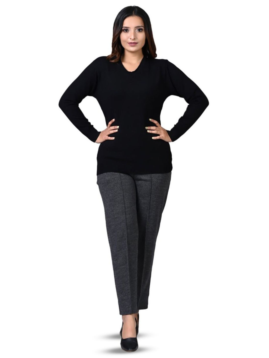 

TWENTY ME Women Solid V-Neck Long Sleeves Top, Black