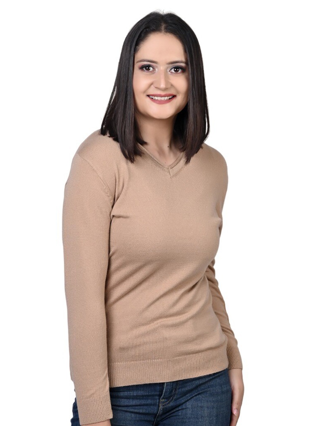 

TWENTY ME Solid V-Neck Long Sleeves Top, Beige
