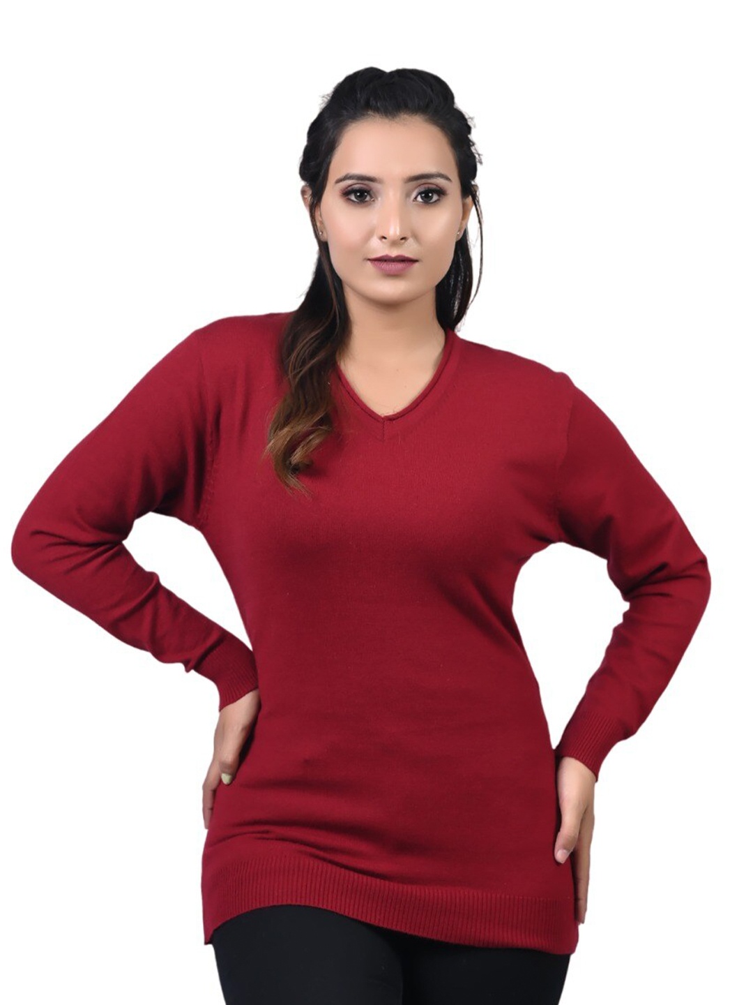 

TWENTY ME Cherry Red Solid V-Neck Long Sleeves Top, Maroon