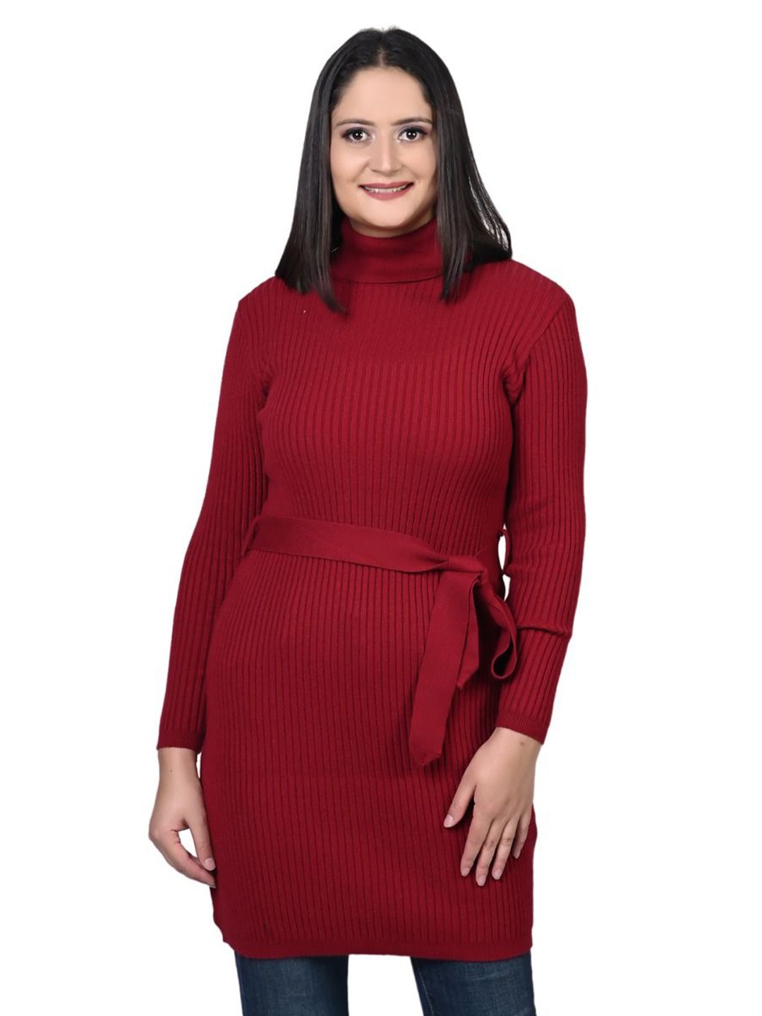 

TWENTY ME Cherry Red High Neck Waist Tie-Ups Longline Top, Maroon