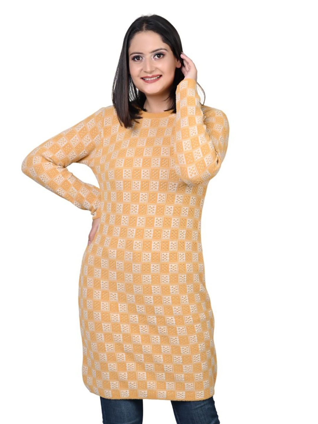 

TWENTY ME Checked Printed Round Neck Top, Yellow