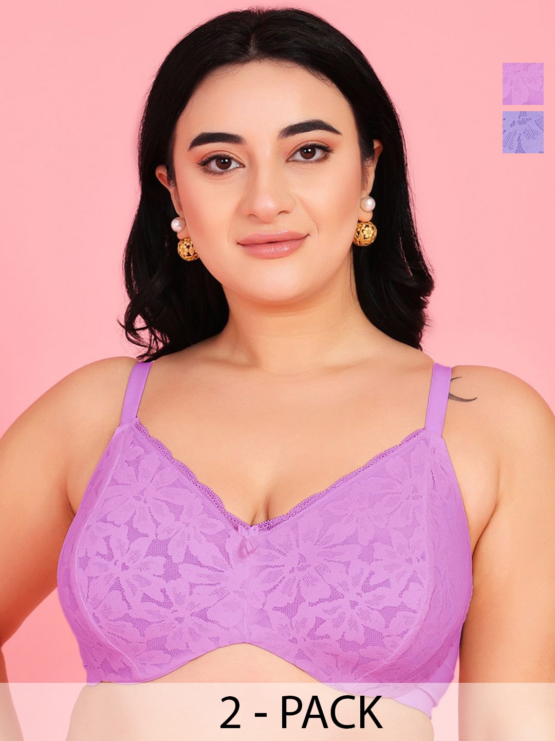 

Curvy Love women Pack of 2 Full Coverage Underwire lace bra, Lavender