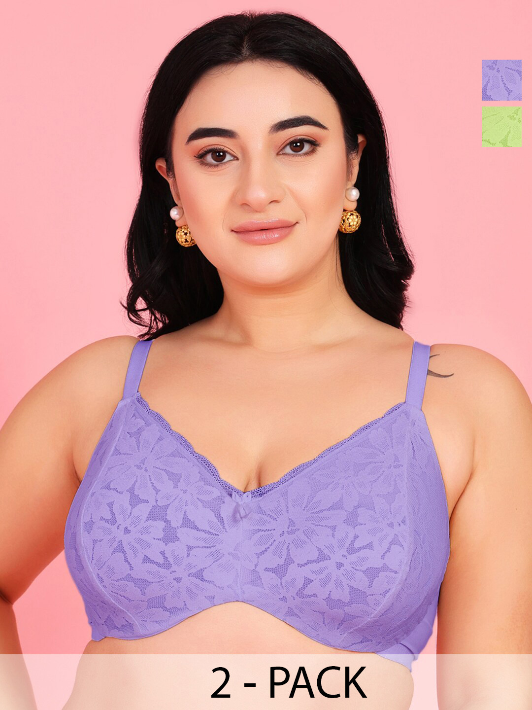 

Curvy Love women Floral print Full Coverage Underwired soft lace bra, Fluorescent green