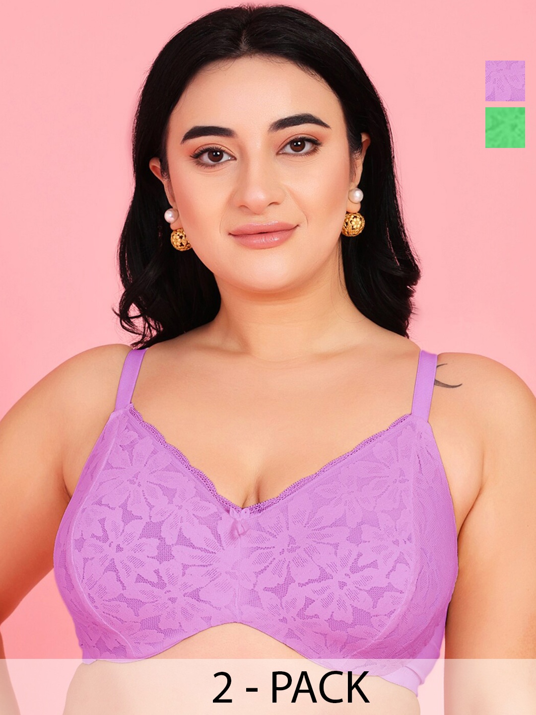 

Curvy Love women Floral print Full Coverage Underwired soft lace bra, Green