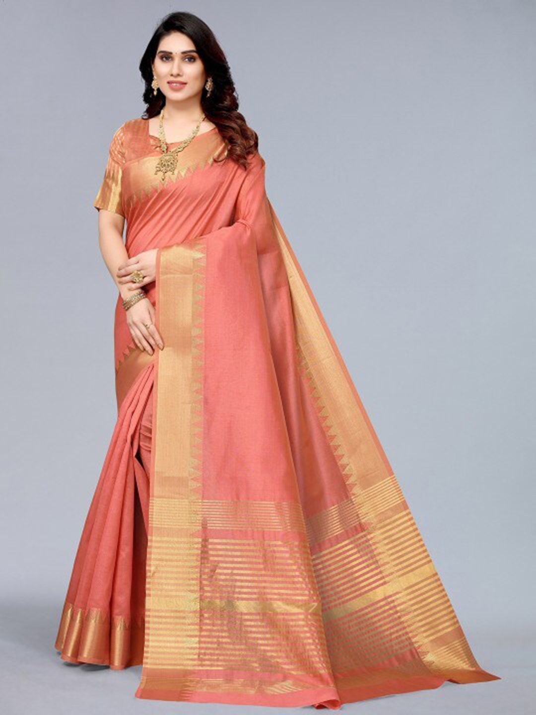

THE WOMEN DECOR Zari Maheshwari Saree, Peach