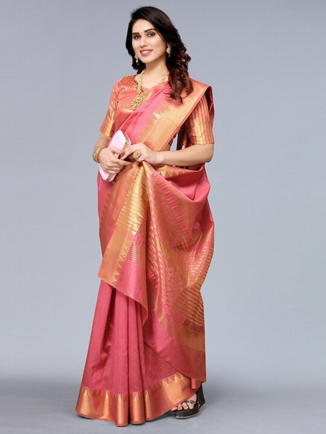 

THE WOMEN DECOR Woven Design Zari Maheshwari Saree, Pink