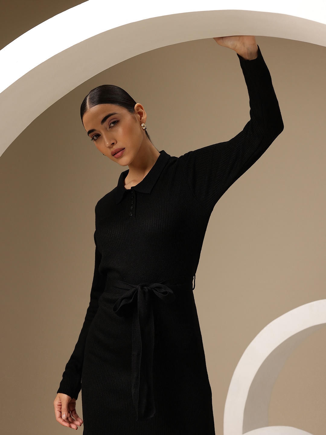 

Chemistry Jumper Midi Dress with Waist Tie-Up, Black