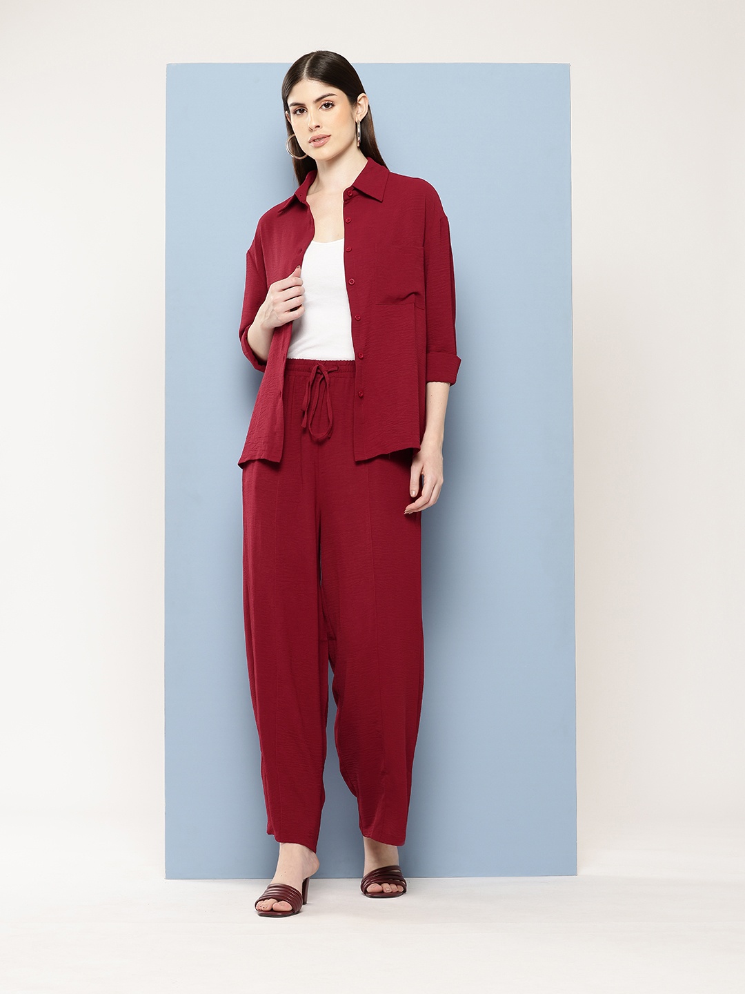 

Chemistry Crinkled Shirt With Trousers Co-Ord Set, Red