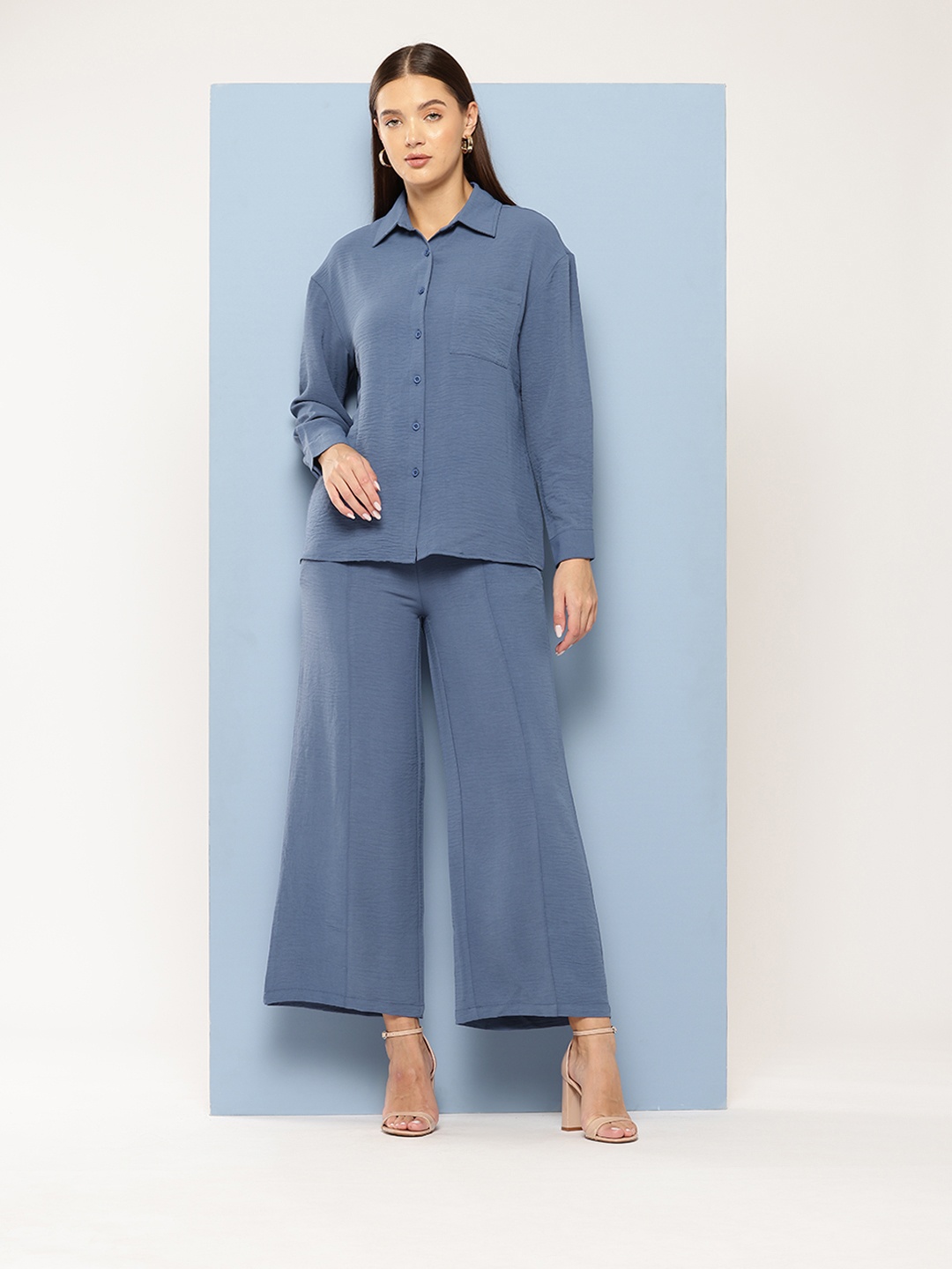 

Chemistry Crinkled Shirt With Trousers Co-Ord Set, Blue