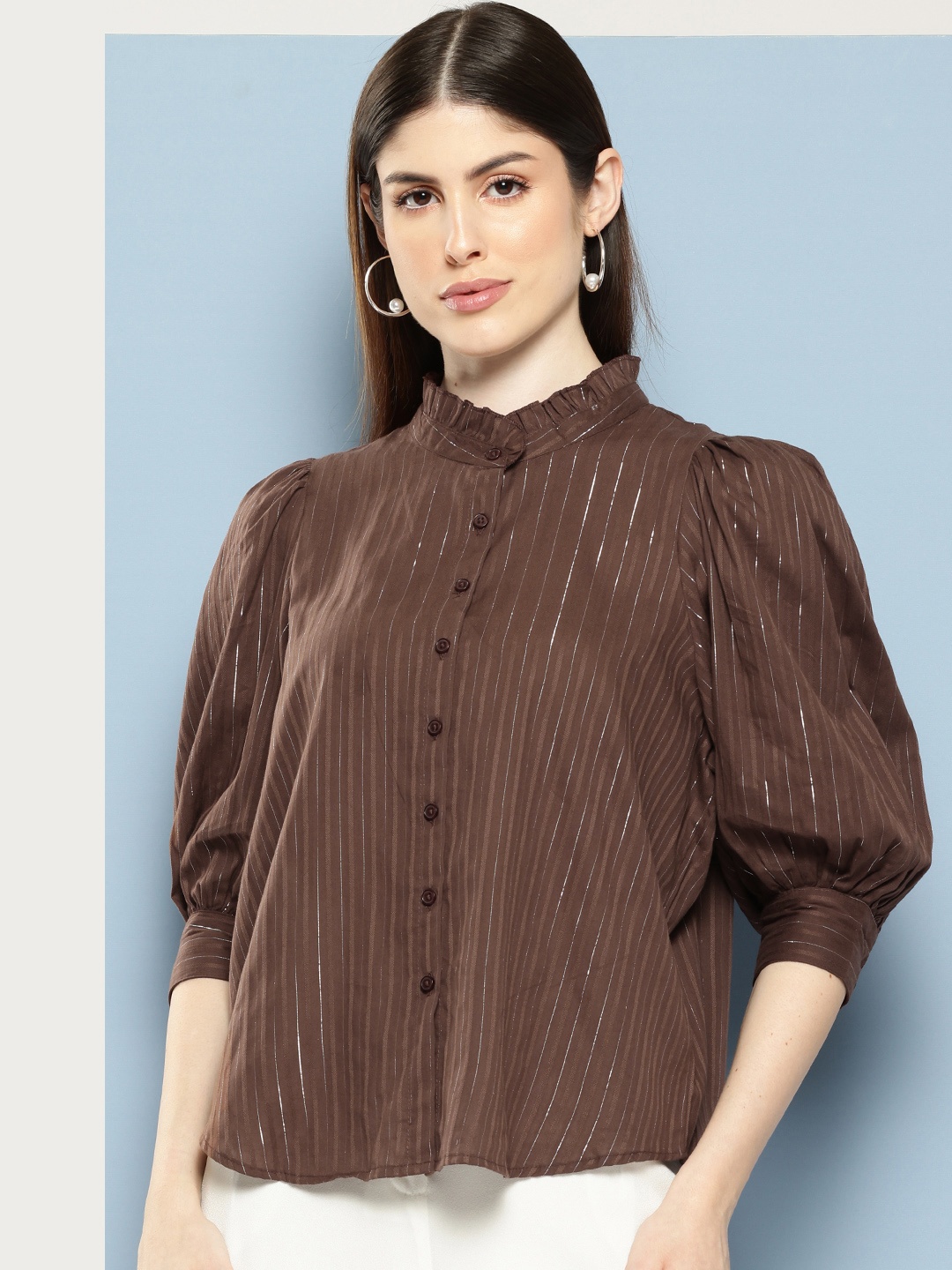 

Chemistry Opaque Striped Puff Sleeves Casual Shirt, Brown