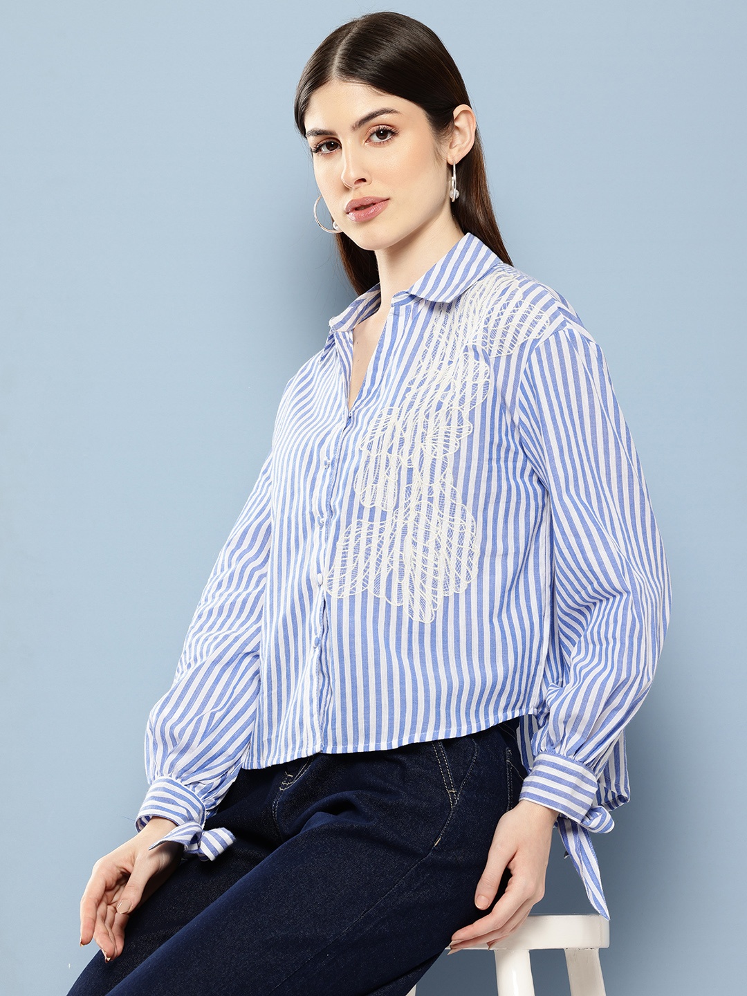 

Chemistry Striped Pure Cotton Embroidered Shirt, Blue