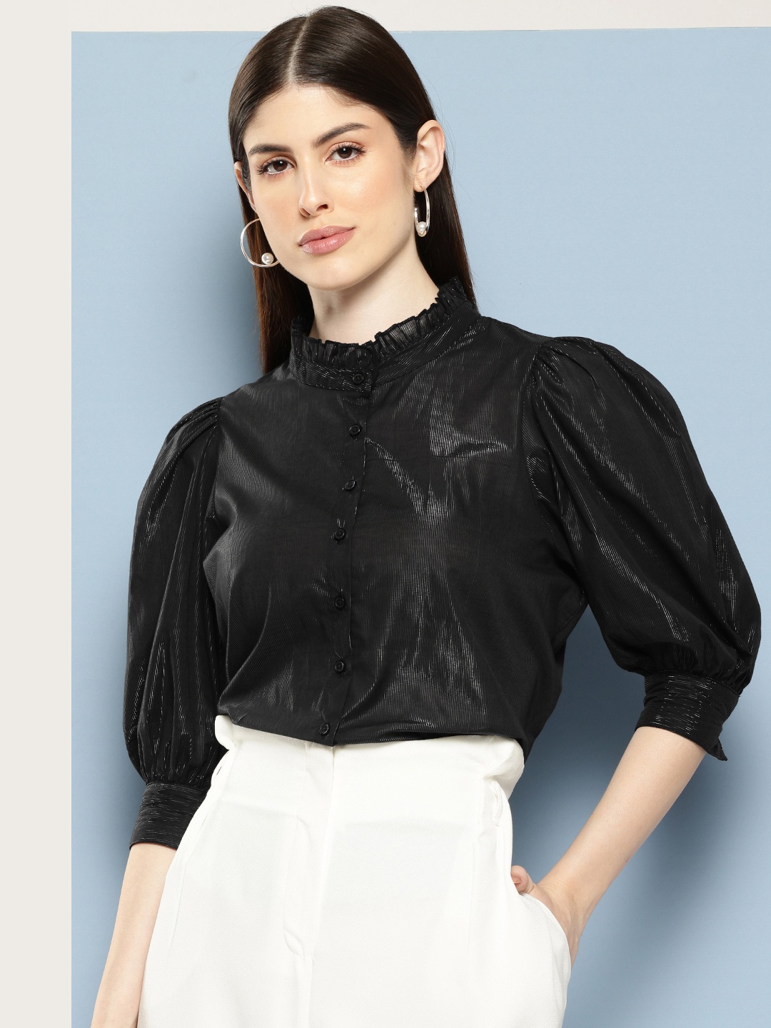 

Chemistry Opaque Striped Puff Sleeves Casual Shirt, Black