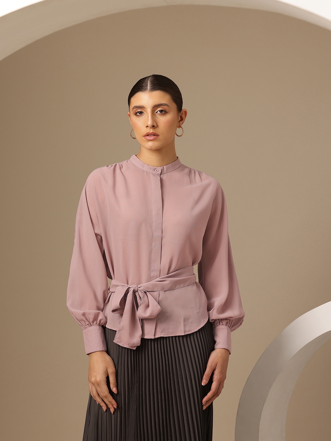 

Chemistry Opaque Regular-Fit Casual Shirt Comes With a Self Fabric Belt, Nude