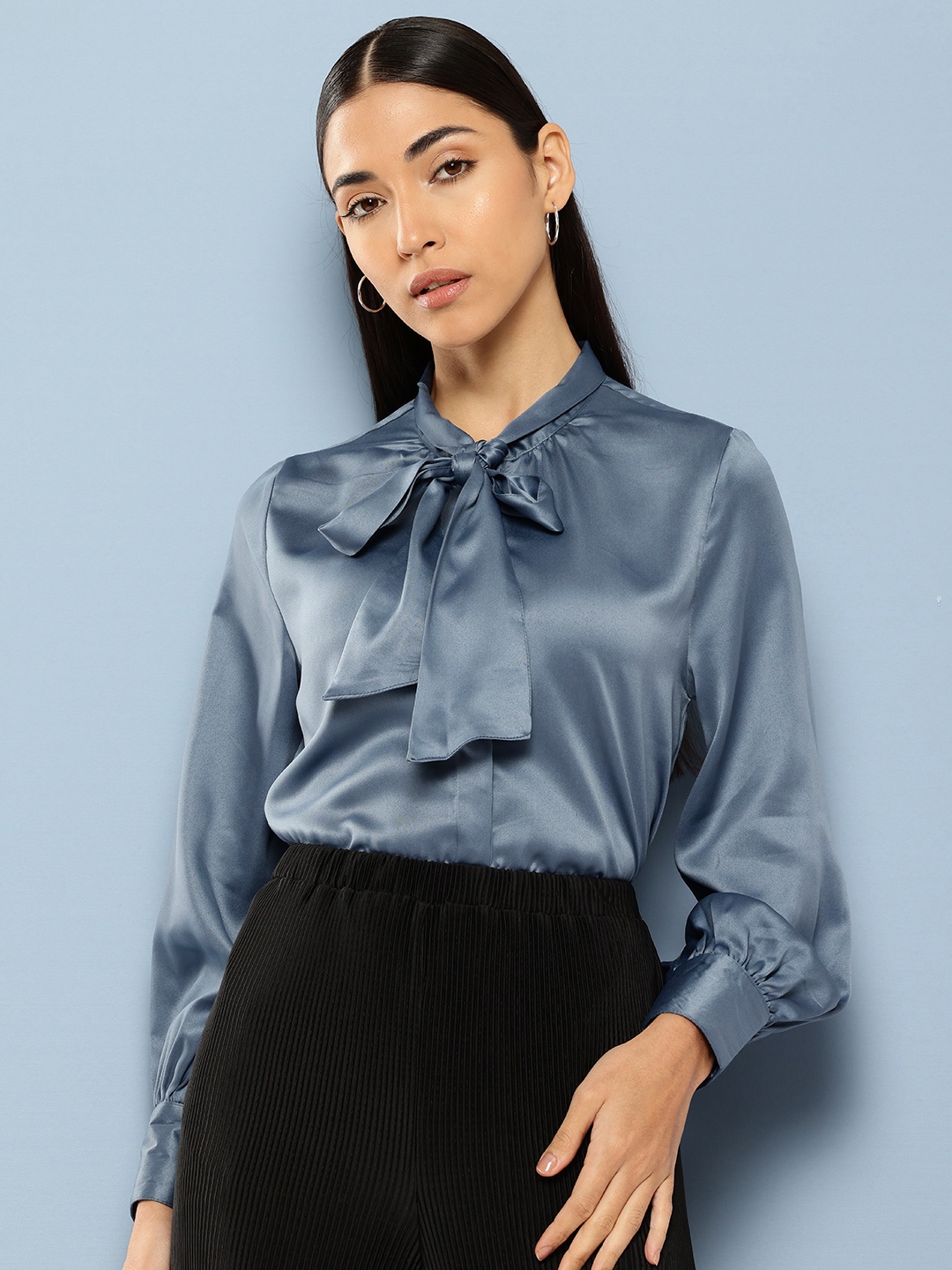 

Chemistry Satin Tie-Up Neck Shirt Style Top, Blue