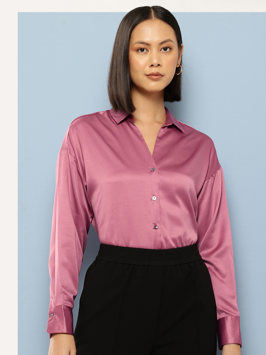 

Chemistry Spread Collar Satin Finish Casual Shirt, Rose