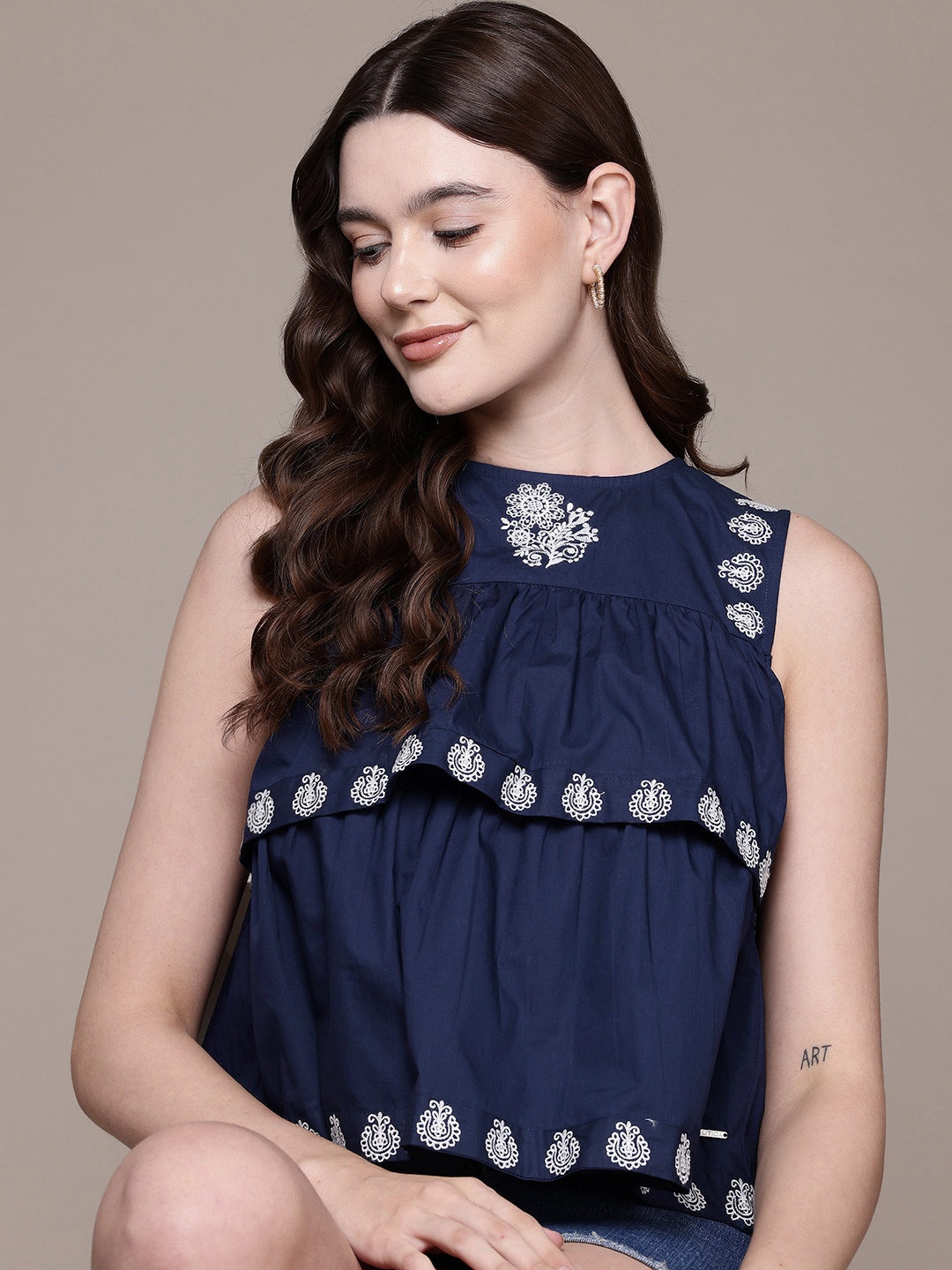 

Nautica Embroidered Layered Cotton Top, Navy blue
