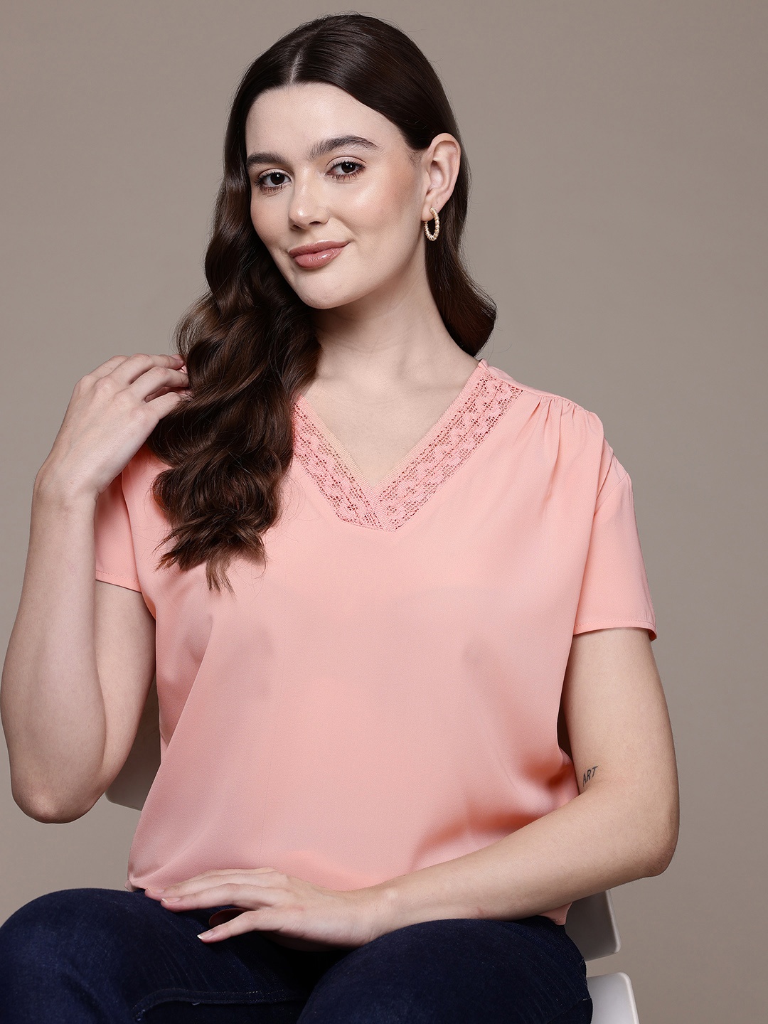 

Nautica Lace Inserts Ruched Top, Pink