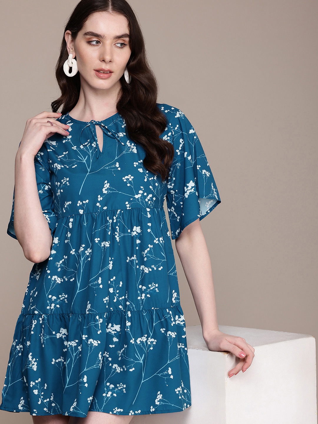 

Nautica Floral Print Tiered Flared Sleeve A-Line Mini Dress, Blue