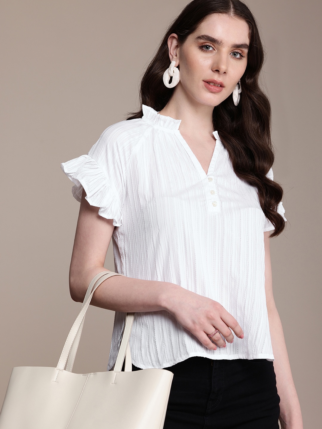 

Nautica Self Design Mandarin Collar Ruffles Top, White