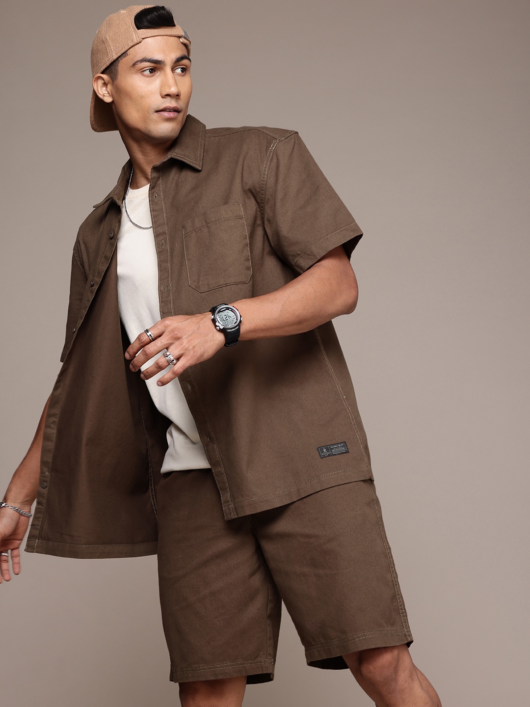 

The Roadster Life Co. Pure Cotton Relaxed Fit Shirt & Shorts Co-Ords, Brown