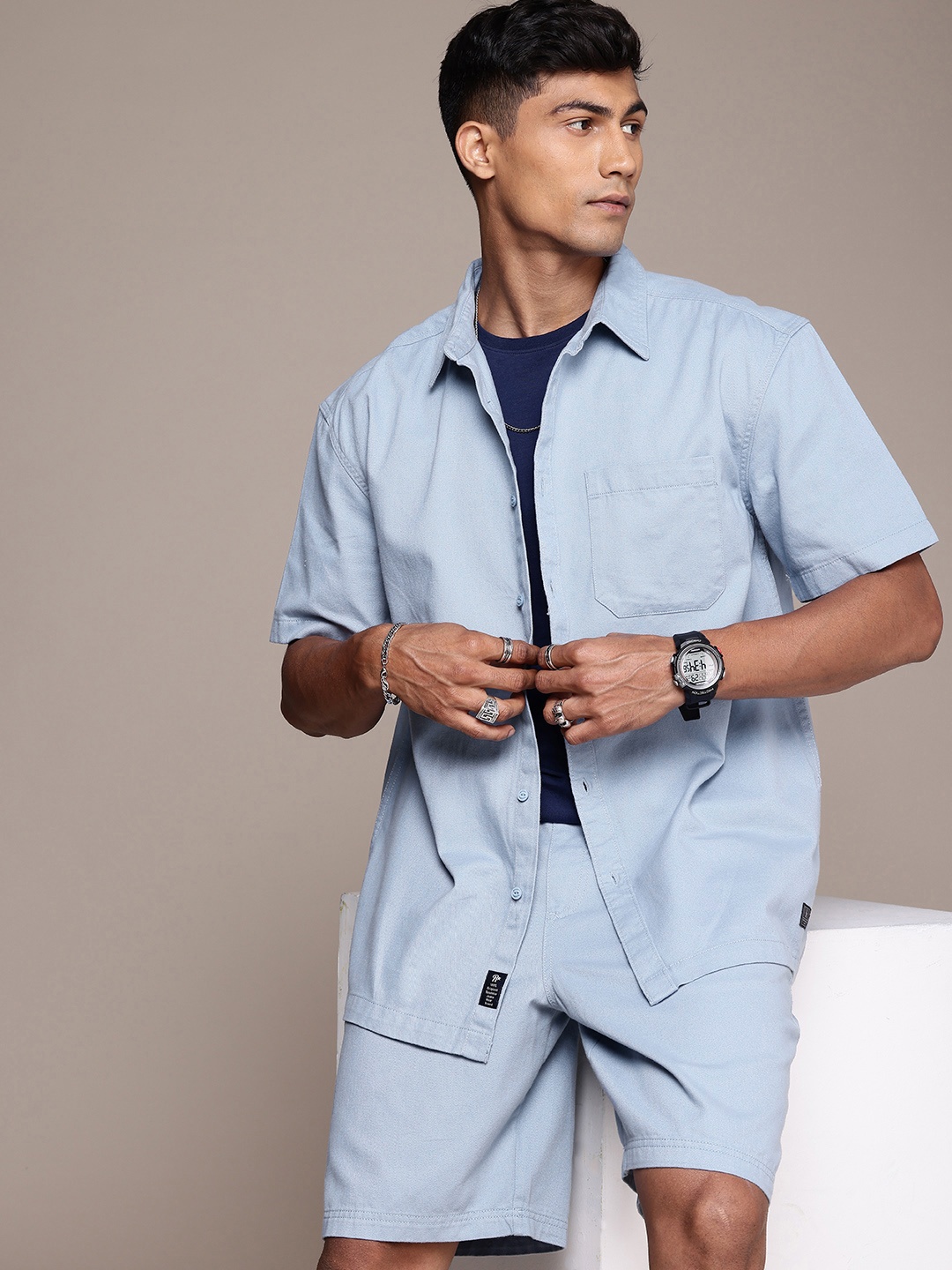 

The Roadster Life Co. Pure Cotton Relaxed Fit Shirt & Shorts Co-Ords, Blue