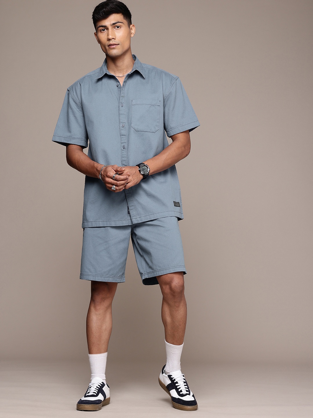 

The Roadster Life Co. Men Pure Cotton Relaxed Fit Shirt With Shorts, Blue