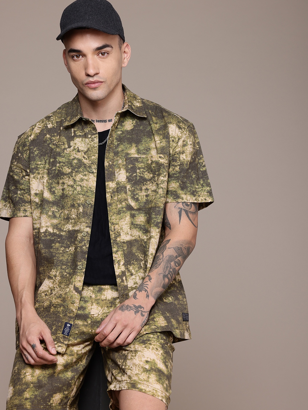 

The Roadster Life Co. Pure Cotton Relaxed Fit Printed Shirt & Shorts Co-Ords, Olive