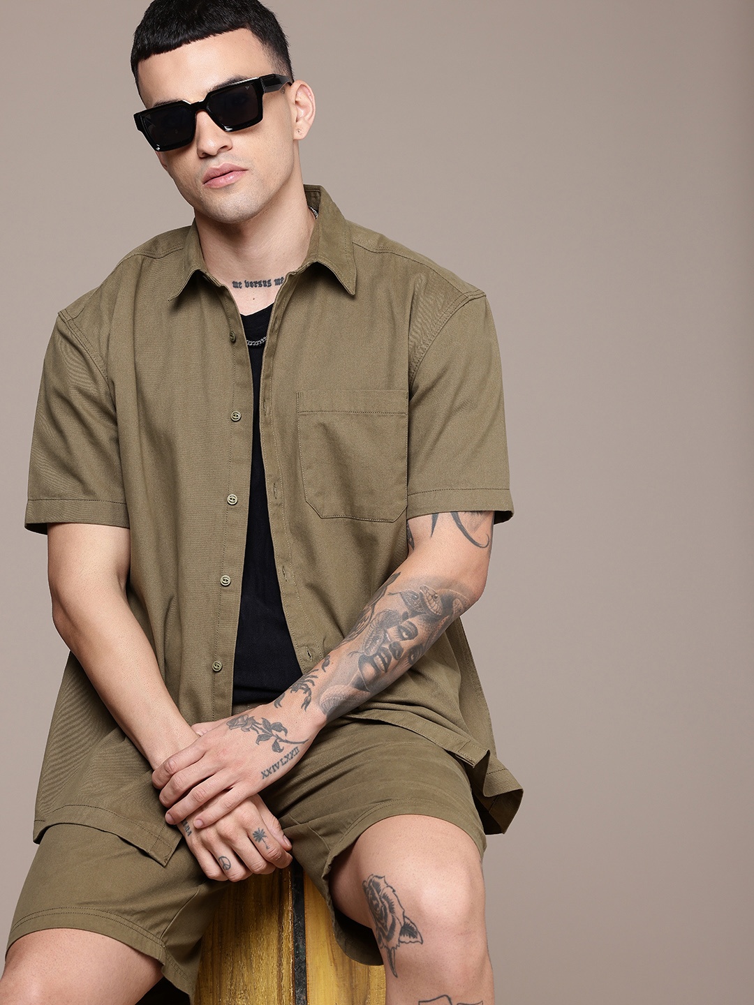 

The Roadster Life Co. Pure Cotton Relaxed Fit Shirt & Shorts Co-Ords, Olive