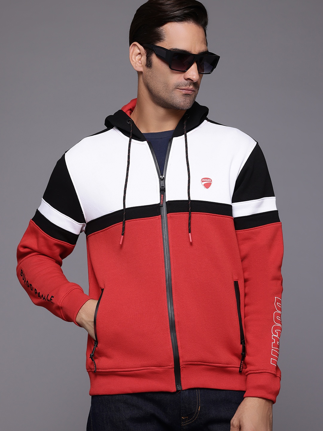 

Ducati Colourblocked Hooded Front-Open Sweatshirt, Red