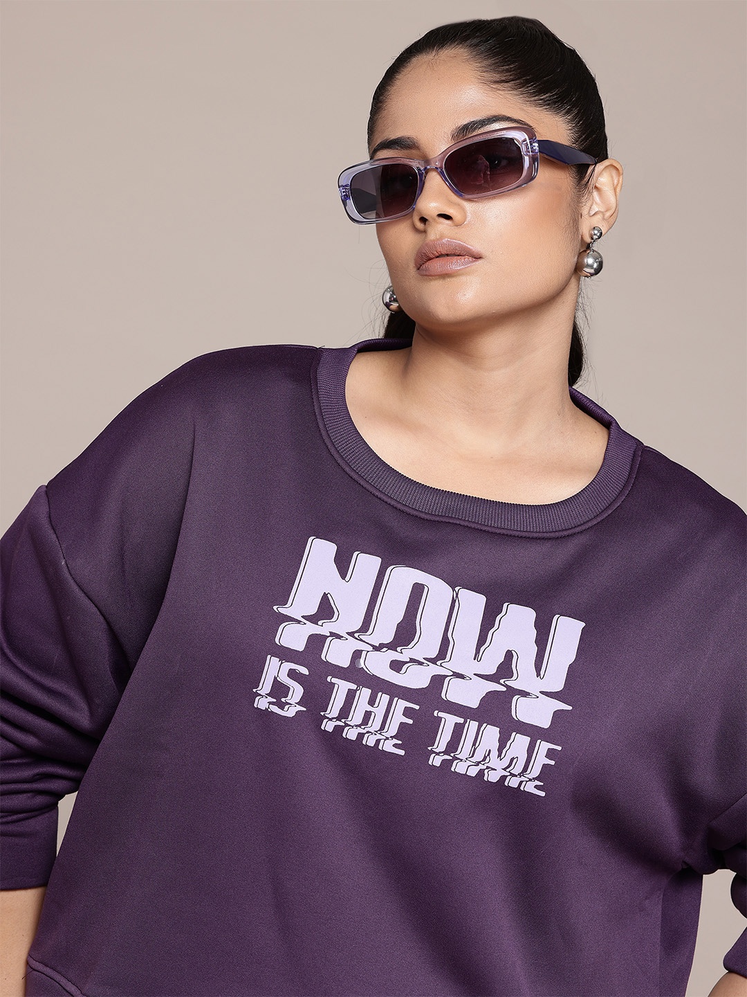 

The Roadster Lifestyle Co. Plus Size Typography Printed Drop-Shoulder Sleeves Pullover, Purple