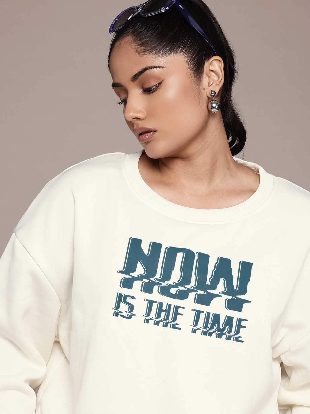 

The Roadster Lifestyle Co. Plus Size Typography Printed Drop-Shoulder Sleeves Pullover, Off white