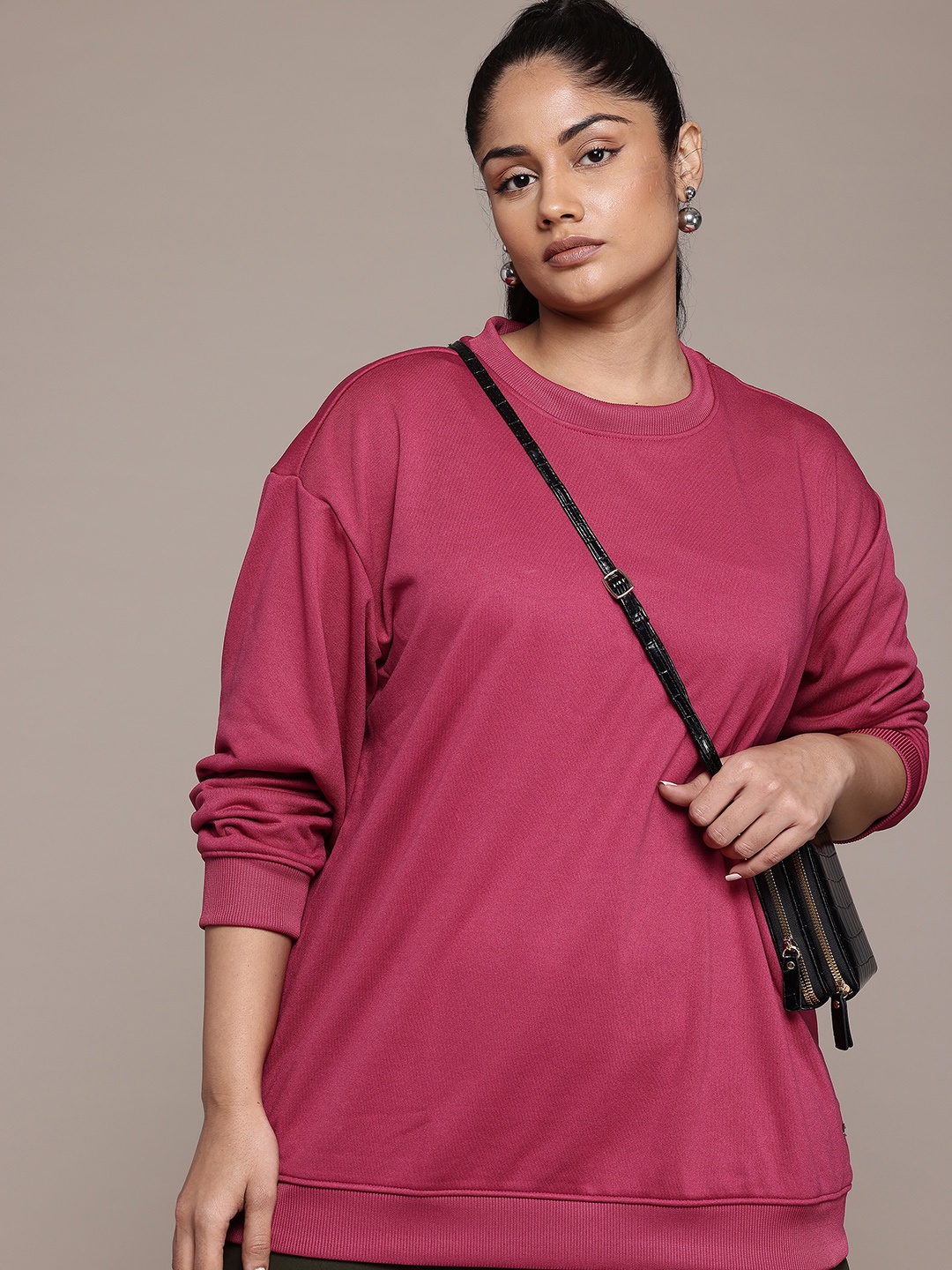 

The Roadster Lifestyle Co. Plus Size Round Neck Drop-Shoulder Sleeves Pullover, Magenta