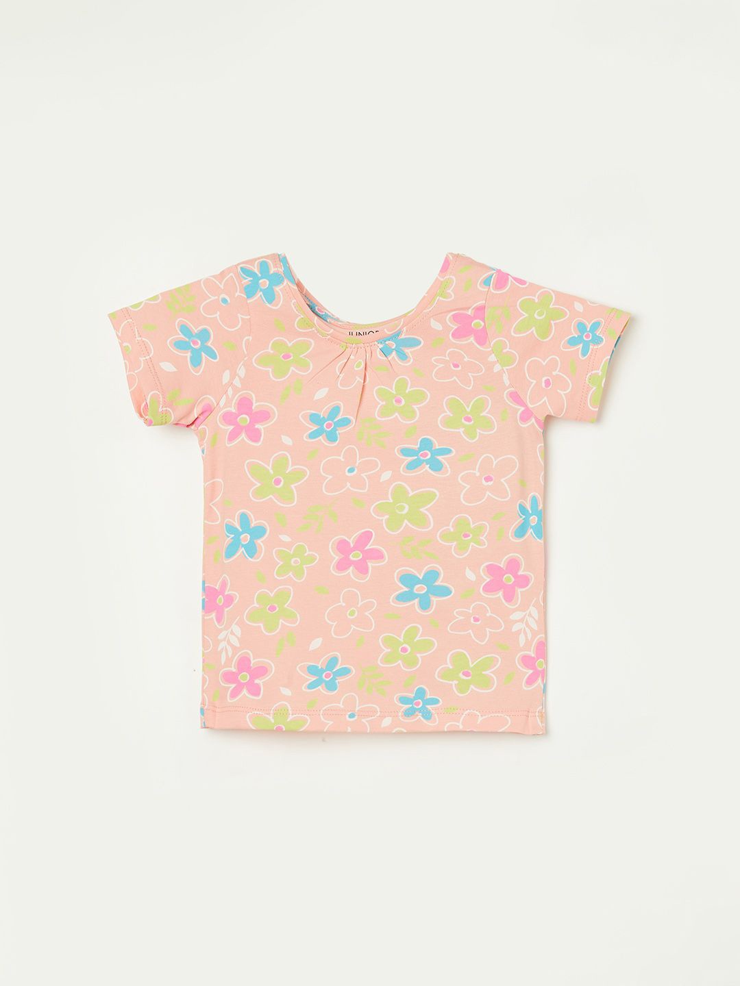 Juniors by Lifestyle Girls Floral Printed Round Neck T-shirt, Peach