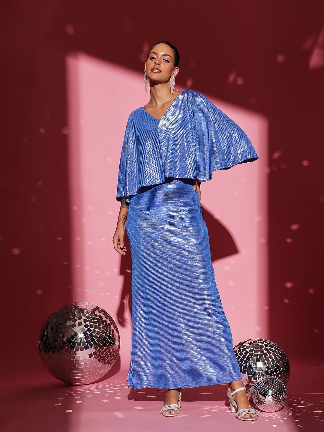 

ATRAENTA Striped V-Neck Cape Sleeves Embellished Satin Party Sheath Maxi Dress, Blue