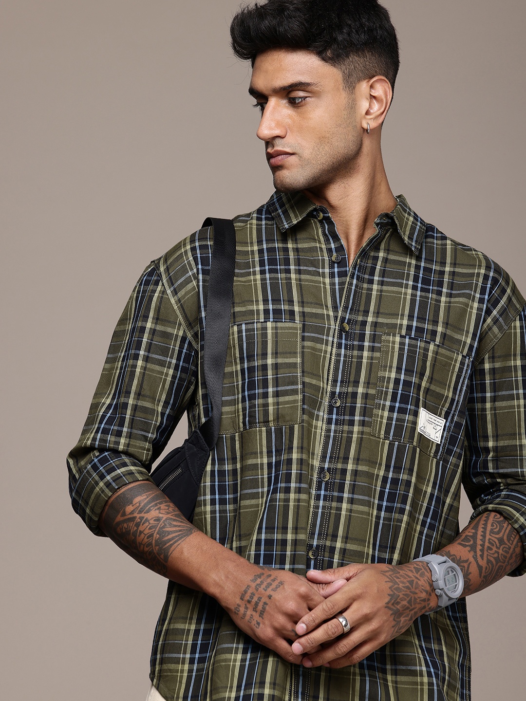 

The Roadster Lifestyle Co. Men Checked Relaxed Fit Pure Cotton Casual Shirt, Olive