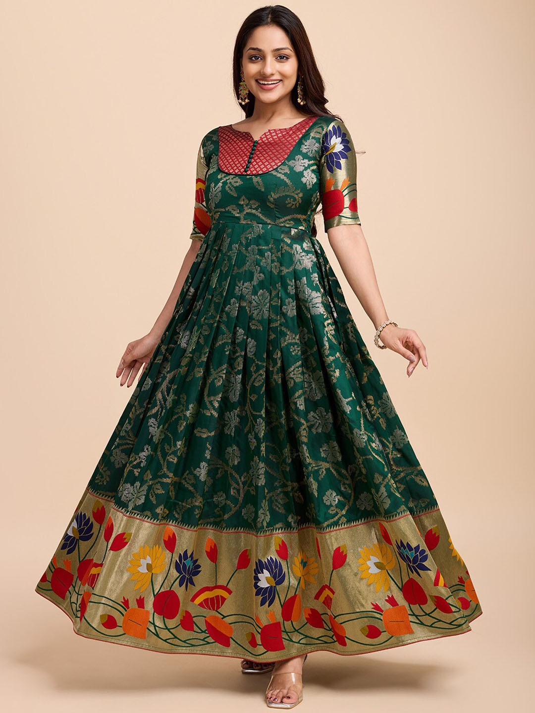 

Tasarika Floral Woven Work Silk Ethnic Dress, Green