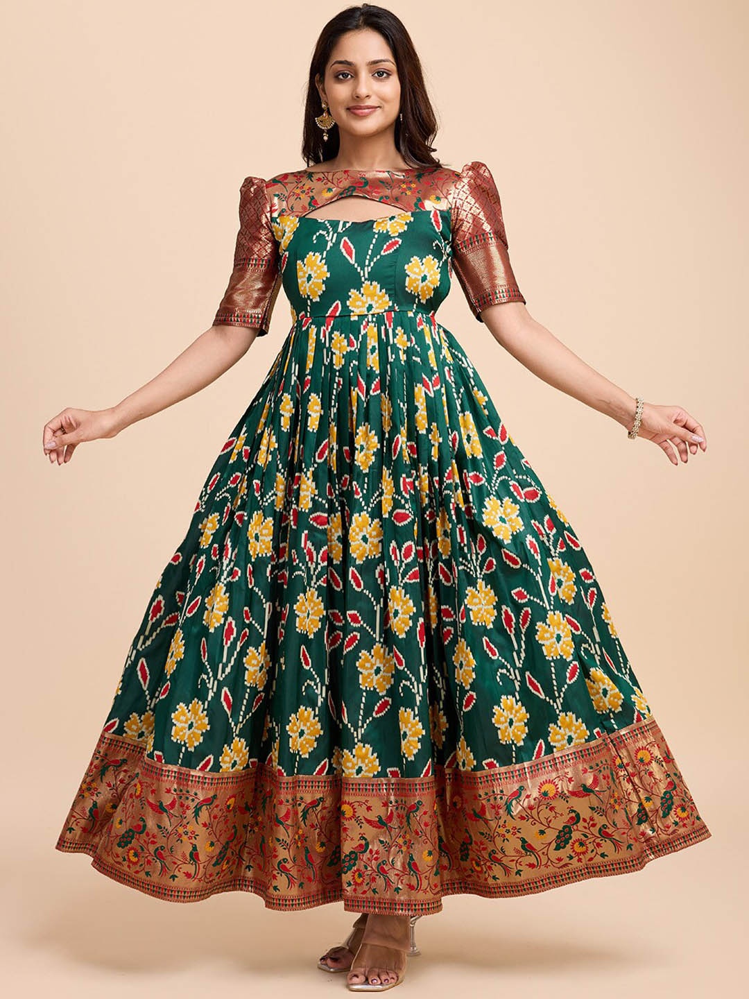 

Tasarika Women Floral Printed Gathered or Pleated Flared Woven Ethnic Dress, Green
