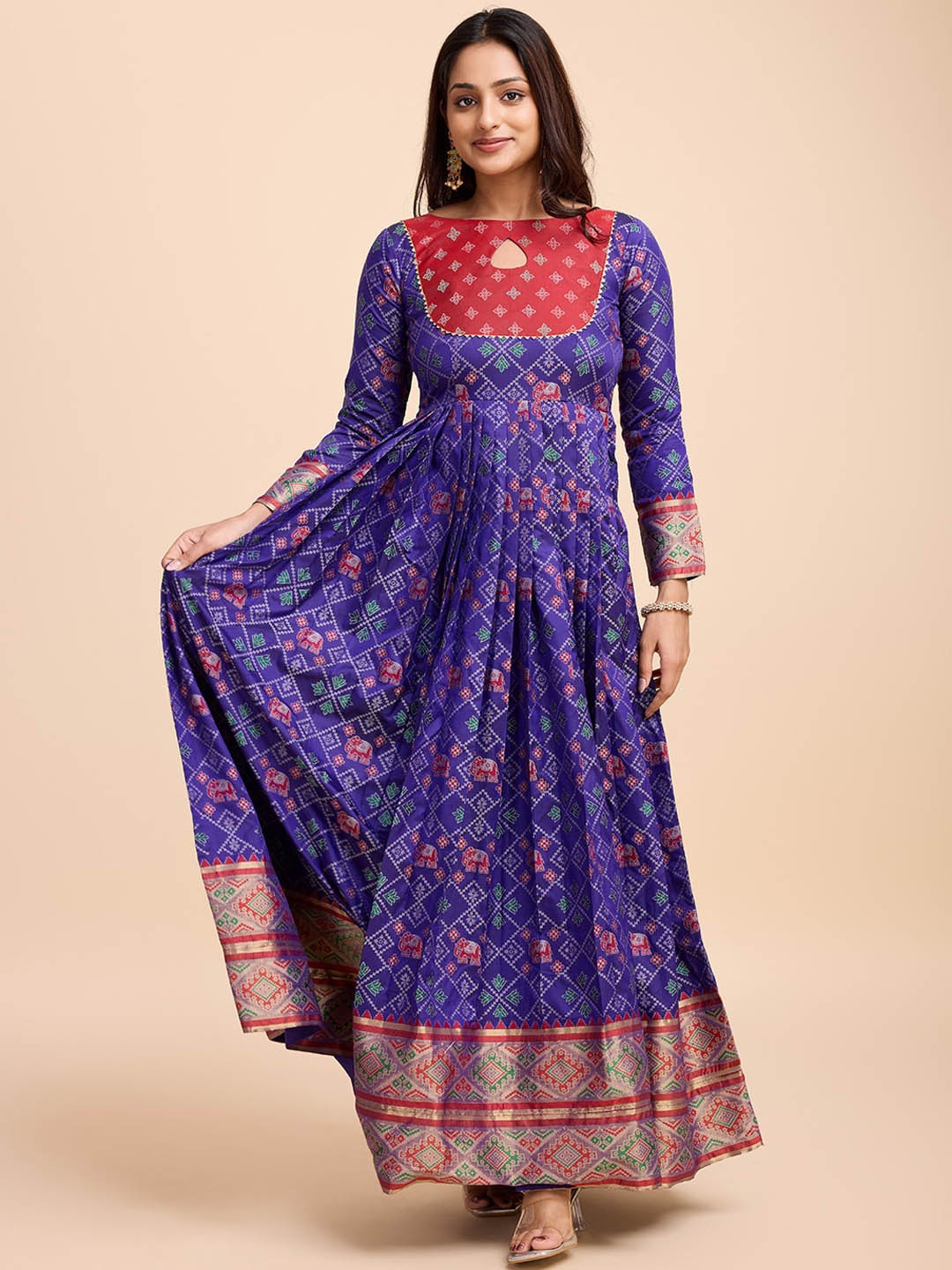 

Tasarika Women Woven Gathered or Pleated Flared Ethnic Gown Dresses, Violet