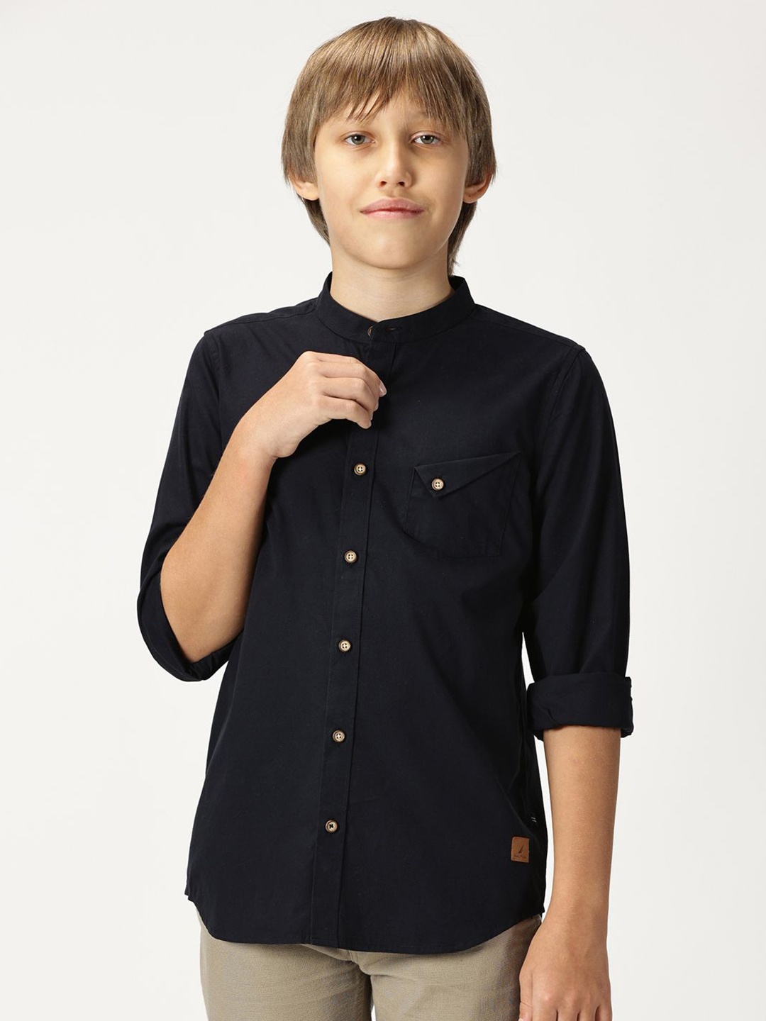 

Nautica Boys Premium Mandarin Collar Cotton Casual Shirt, Navy blue