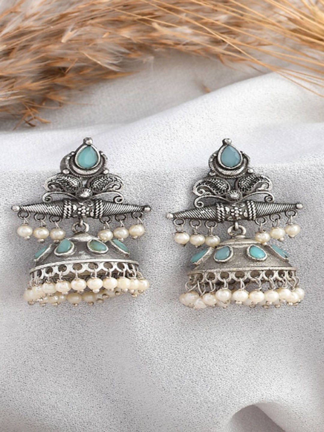 

DASTOOR Silver-Plated Stone-Studded & Beaded Dome Shaped Oxidised Jhumkas