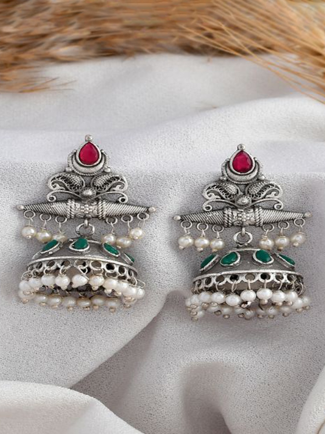 

DASTOOR Silver-Plated Stone-Studded & Beaded Dome Shaped Oxidised Jhumkas