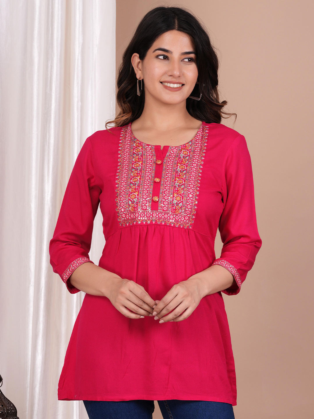 

FASHION DEPTH Round Neck Embroidered Kurti, Rose